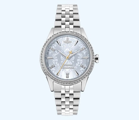 Vivienne Westwood Little Wallace watch with patterned silver dial and crystal-set bezel, combining elegance with statement style.